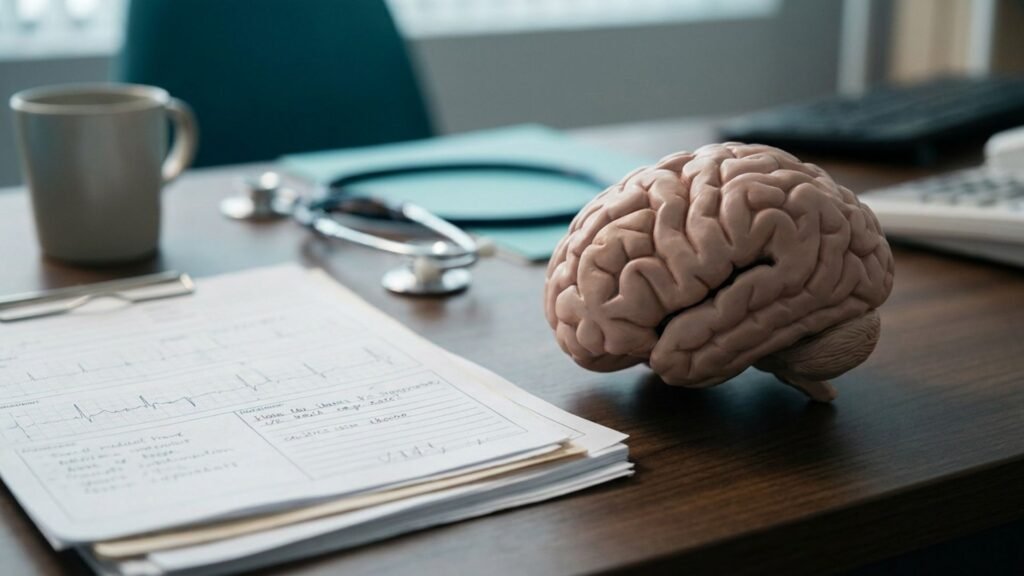 Anatomical brain model beside an ECG chart on a clinician's desk