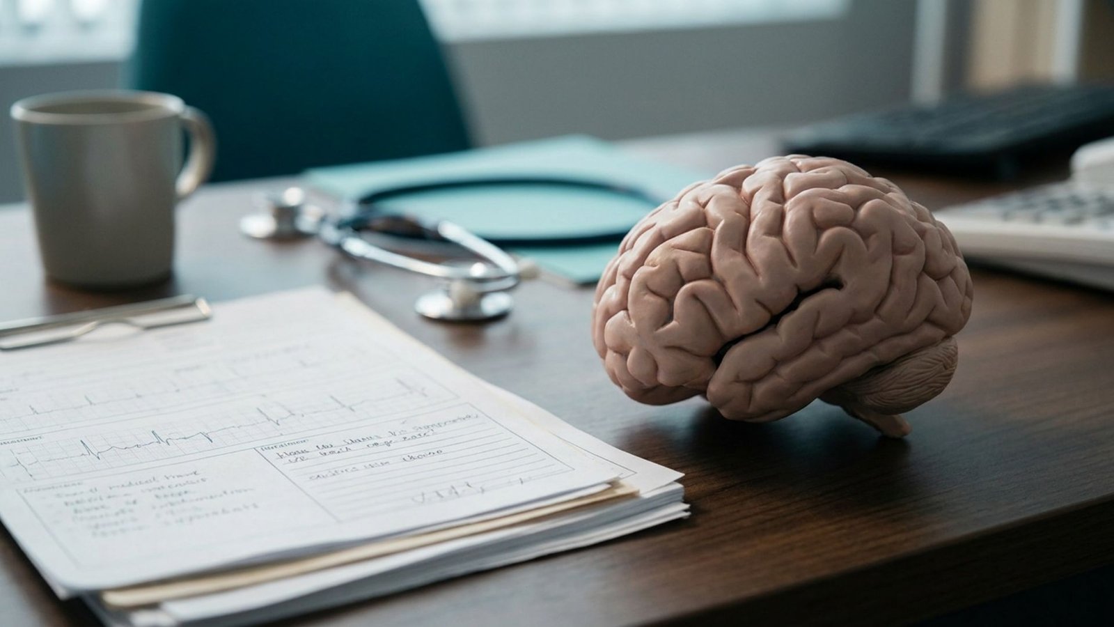 Anatomical brain model beside an ECG chart on a clinician's desk