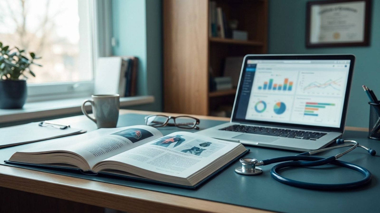 Physician's desk with medical journal, stethoscope, and research laptop