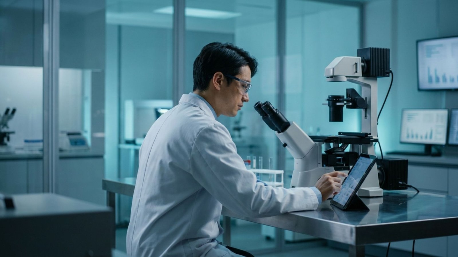 Researcher examining samples under a microscope